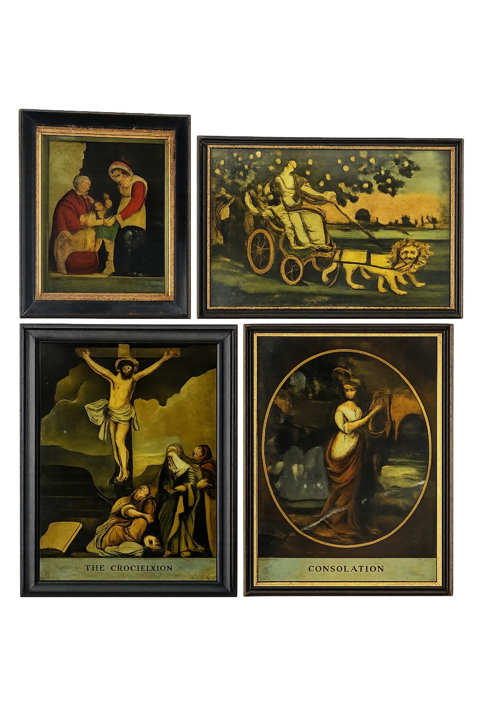 FOUR ANTIQUE REVERSE GLASS MEZZOTINTS: Depicting religious and classical themes. Some condition noted.