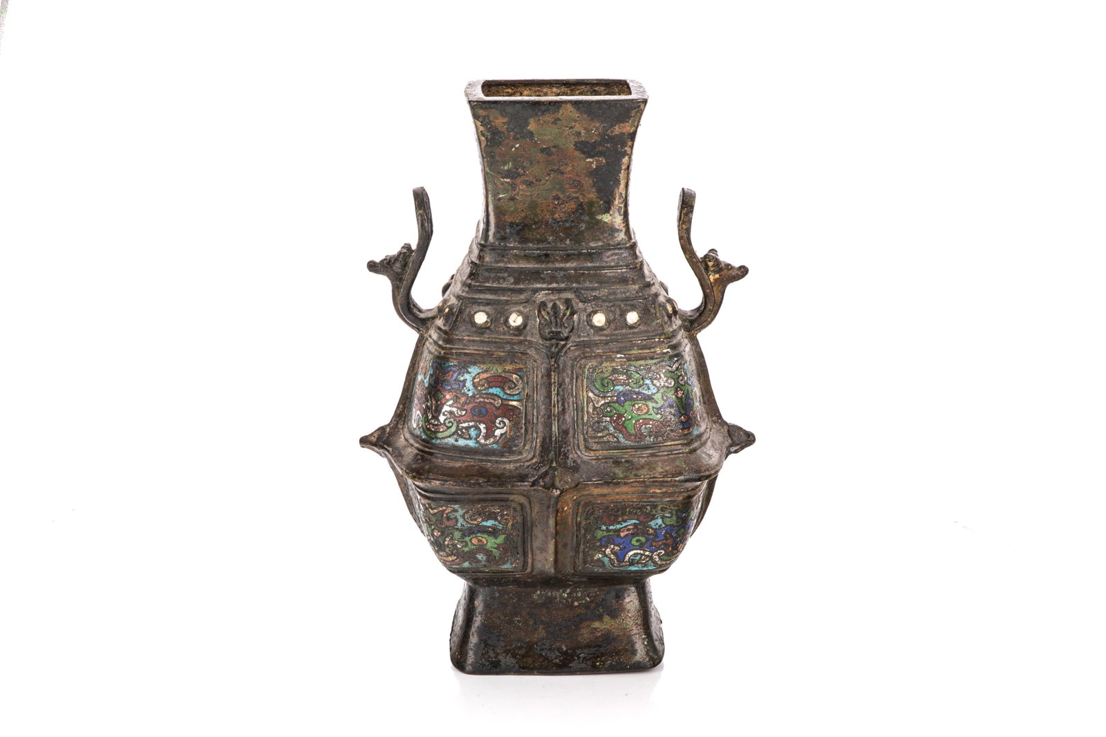 ASIAN ARCHAISTIC CHAMPLEVE & BRONZE VASE: Square ancient ritual form with prominent handles and enamel champleve decoration to body. Probably Chinese, 19th C or earlier.H. 15.2in x W. 10.2in x D. 10.2in (38.5cm x 26cm x 26cm)