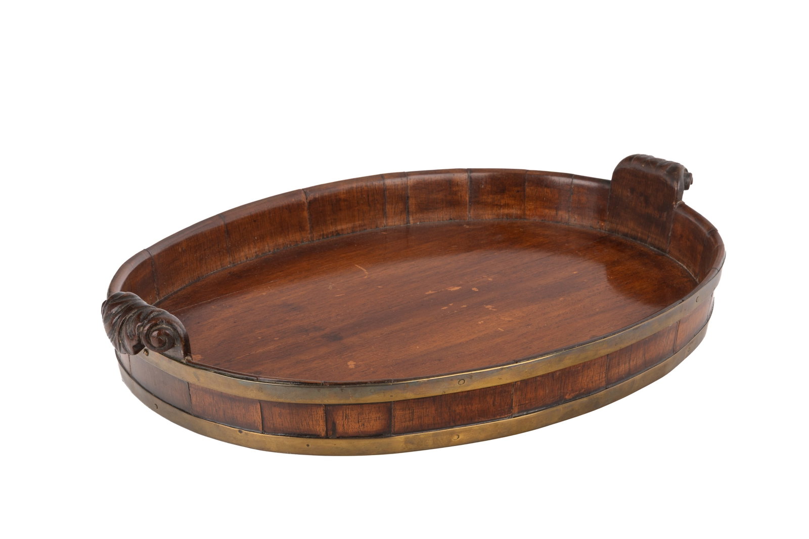 GEORGIAN MAHOGANY SERVING TRAY: Featuring brass banding and scroll handles. L. 19 3/4in x W. 13 5/8in (50.1cm x 34.6cm)
