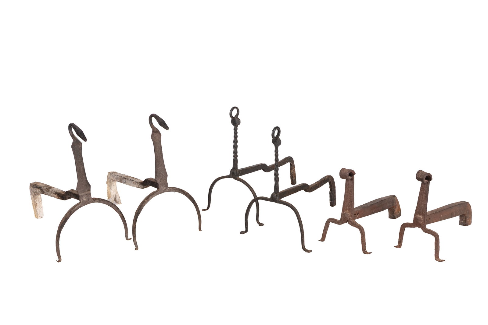 THREE PAIRS OF ANTIQUE ANDIRONS: Largest H. 18in x L. 17 1/2in Smallest H. 11 1/2in x L. 14in