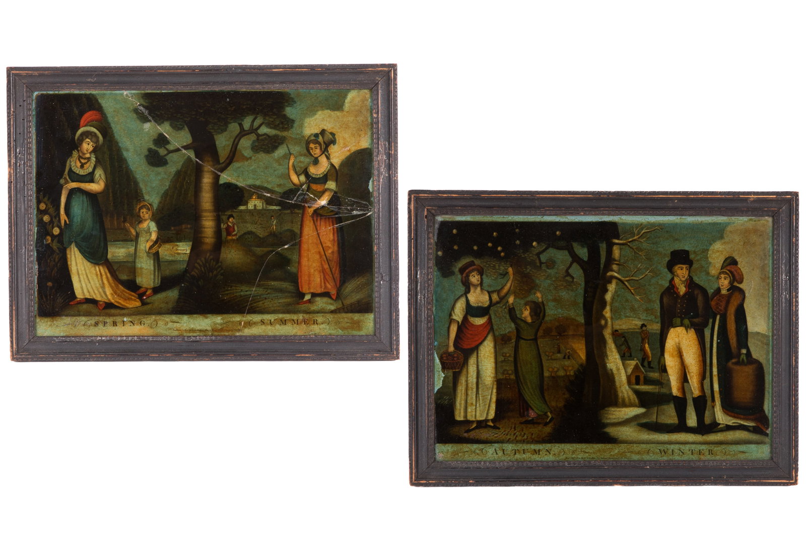 PAIR OF REVERSE GLASS MEZZOTINTS OF FOUR SEASONS (1 of 5)