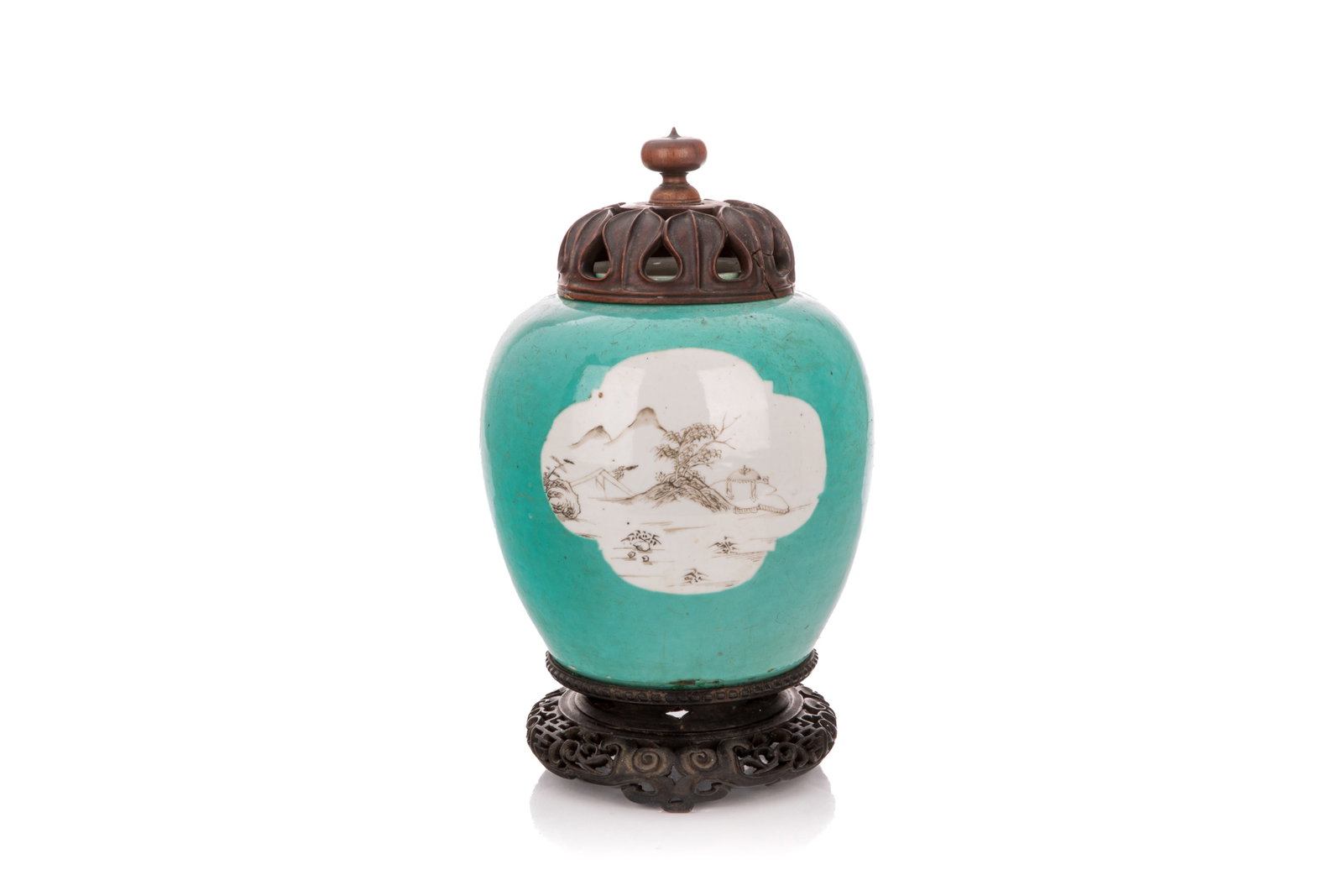ROBIN'S EGG GROUND GRISAILLE GINGER JAR & COVER: Of ovoid form, the body with two quatrefoil panels depicting landscape scenes in grisaille set against a robin's egg blue ground. With pierced wood cover and zitanstand. Qing dynasty, c. 1800. H. 18 c