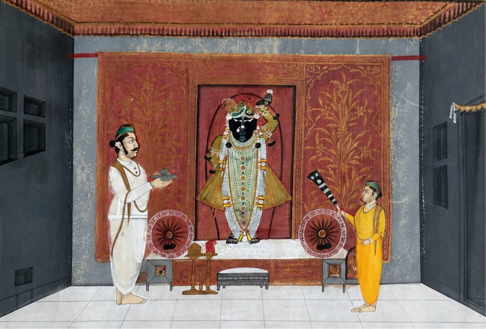INDIAN 19th C PAINTING OF KRISHNA: Srinathji (Krishna) Nathdwara Rajasthan State, India, 19th C Tempera on PaperImage H 8 3/4 x W 12in Framed: 17 x 20in Isaacs Gallery Framing LableProvenance: From the Estate of Thomas P Kalman, Archit