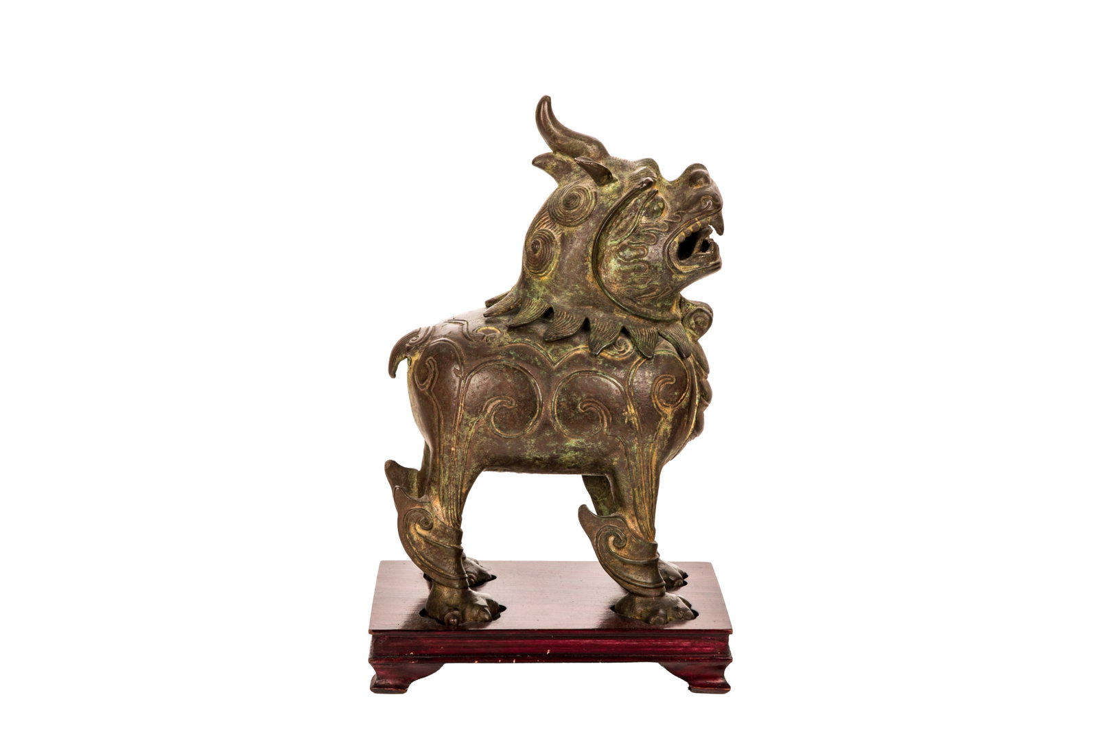 CHINESE BRONZE LUDUAN FORM CENSER: Depicted as a standing Luduan, the head as a hinged cover with open mouth. On fitted carved wood stand. H. (overall) 36 cm