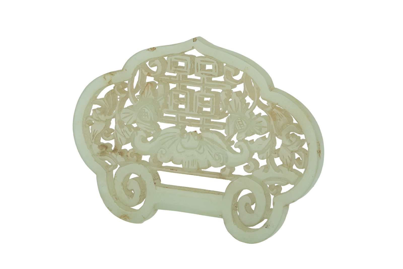 PALE CELADON JADE RUYI BAT AND DOUBLE XI PLAQUE: Of ruyi lock form, carved in reticulation on both sides enclosing a bat above a double xi (happiness) character and surrounded by floral sprays. W. 8 cm