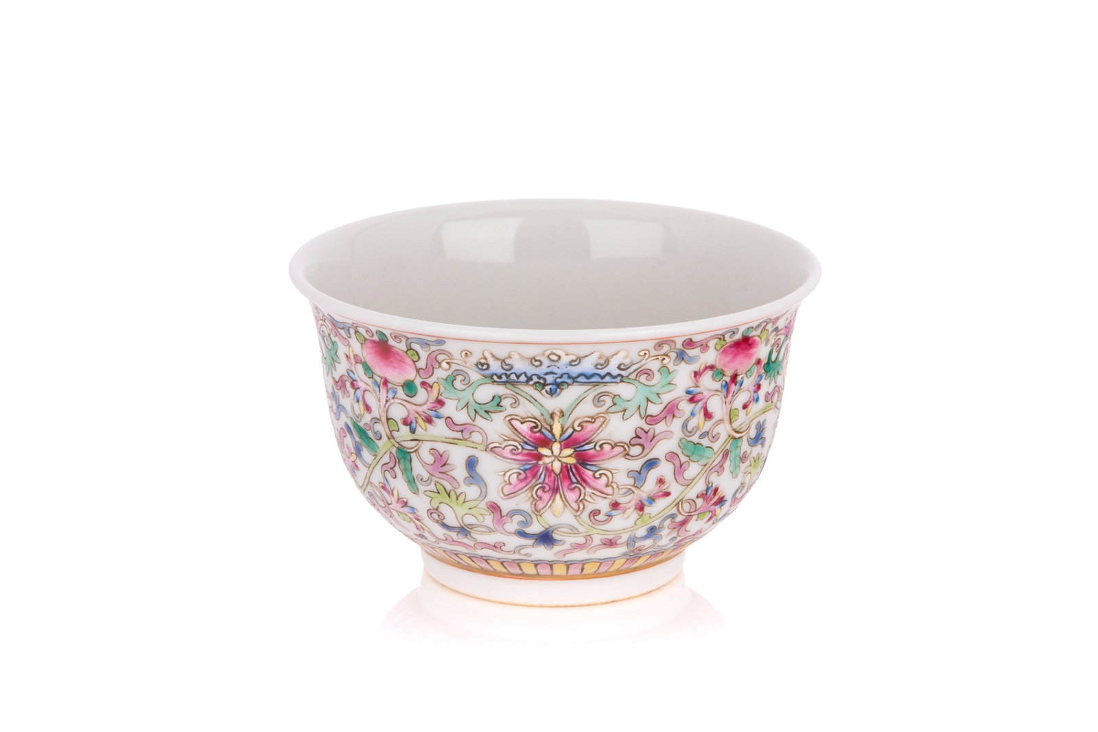CHINESE FAMILLE ROSE LOTUS CUP: The exterior decorated with bats and scrolling lotus above a lappet gilt band. Six-character Xianfeng mark to the underside, and possibly of the period. Qing dynasty, mid to late 19th century. Diam. 9