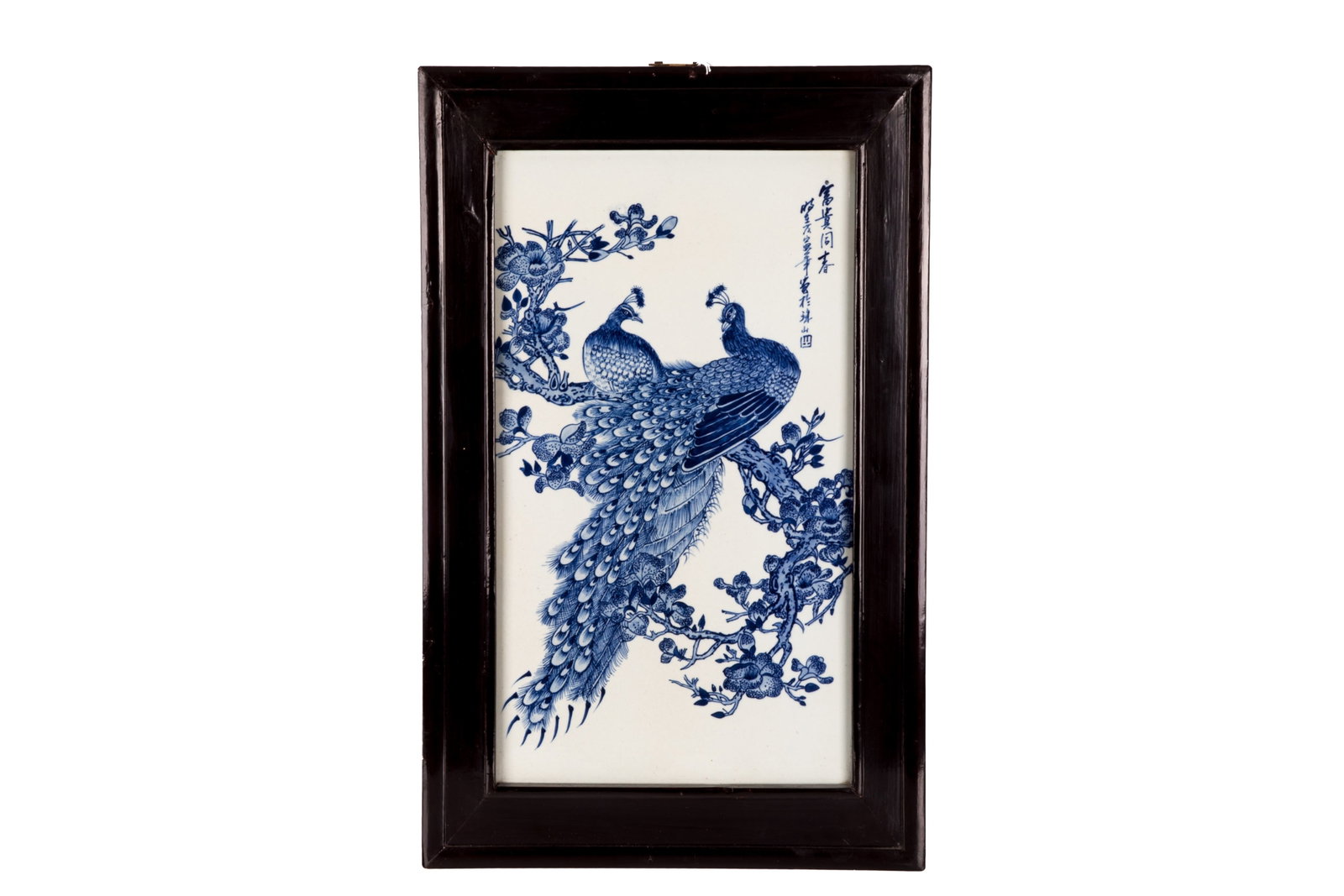 CHINESE BLUE AND WHITE PORCELAIN PLAQUE, PEACOCKS (1 of 4)