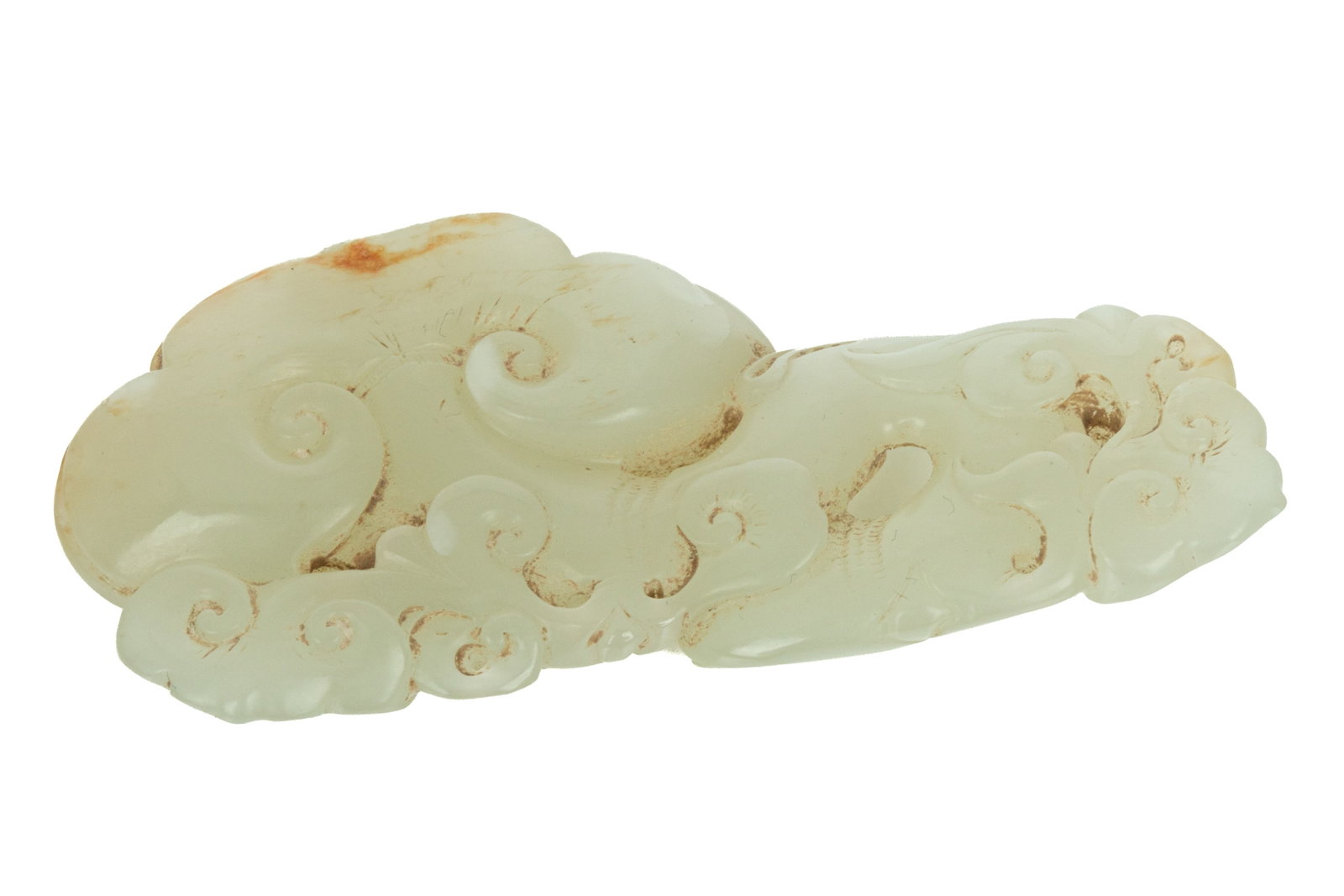 PALE CELADON JADE LINGZHI AND BAT PLAQUE: Carved as a group of lingzhi in openwork, the reverse with one bat with wings outstretched at the top. Qing dynasty, 18th century. W. 8 cm