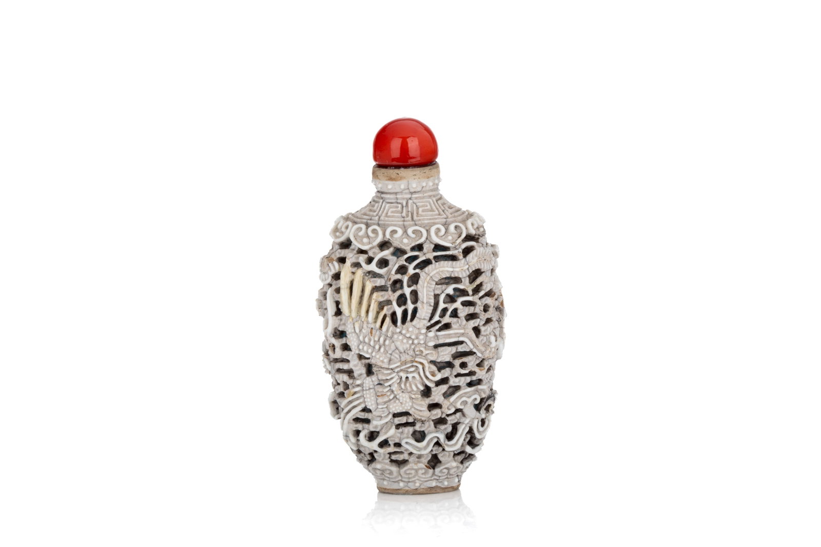 MOULDED AND RETICULATED PORCELAIN SNUFF BOTTLE (1 of 3)