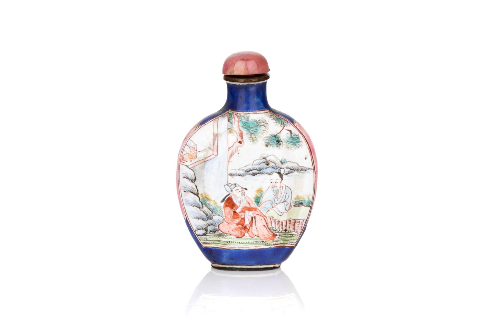 FAMILLE ROSE CANTON ENAMEL SCHOLARS SNUFF BOTTLE: Of quatrefoil section. The two wider sides decorated with scenes of two scholars in a courtyard. Stopper, Qing dyansty H. 6.5 cm Snuff Bottle Collection of John Mckeggie Rogers (1905-1977) He was a se