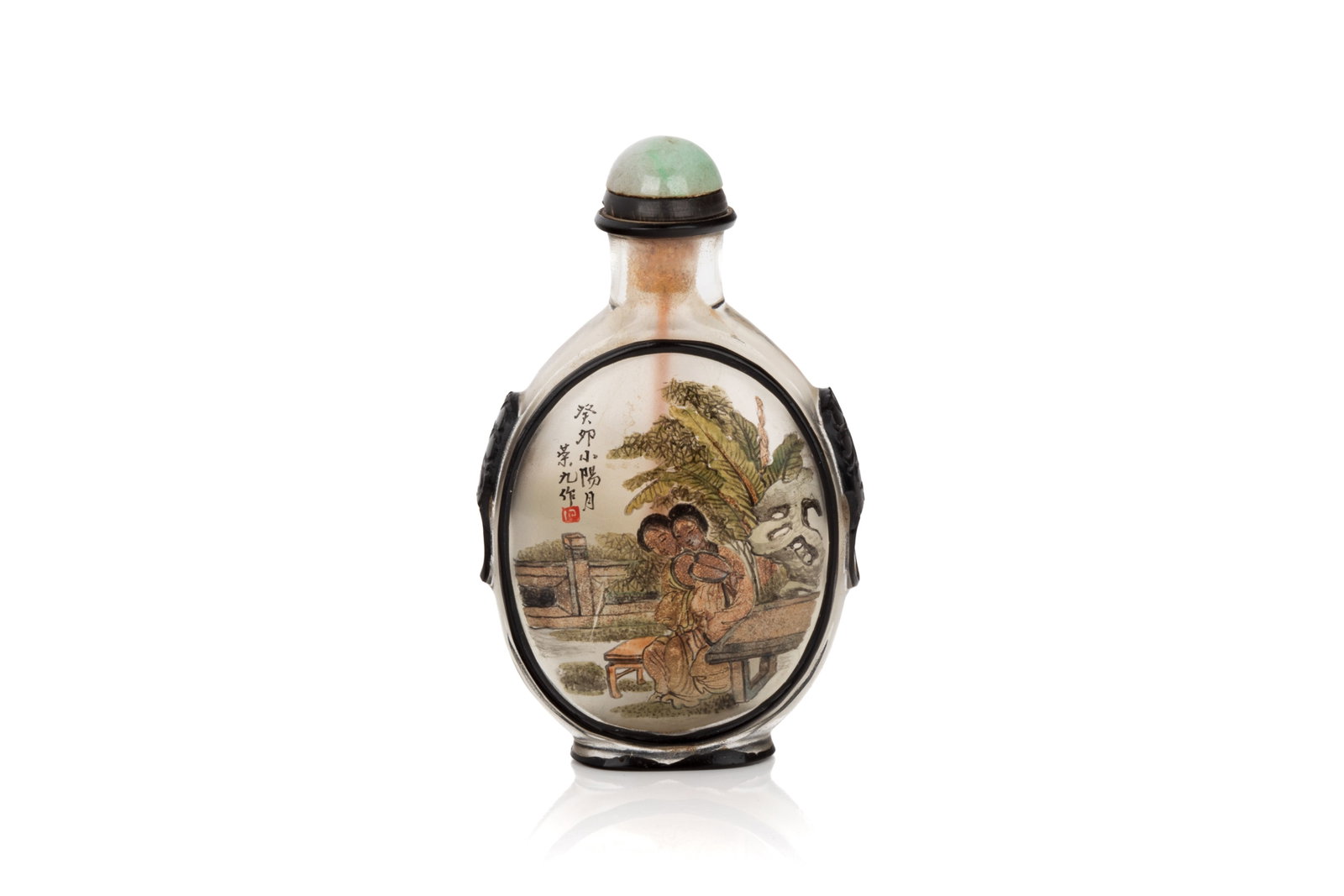 INSIDE PAINTED GLASS SNUFF BOTTLE, SIGNED RONGJIU: Of flattened oval form. One side depicting a landscape with a dedication inscription, the other depicting two lovers in a courtyard, signed Rongjiu (Bi Rongjiu, 1874-1925), and cyclically dated 1903. 