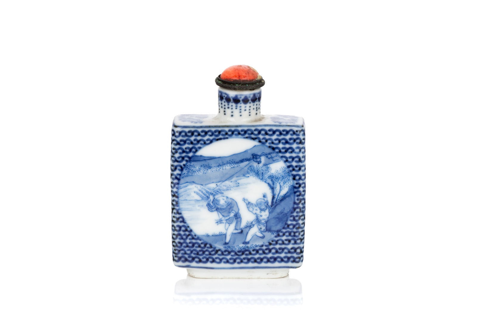 BLUE & WHITE PORCELAIN SNUFF BOTTLE: Of square section with a short neck. The two roundels on the wider sides depicting an elder and his attendant making tea, and two children flying a kite. Four-character Qianlong mark to the underside.
