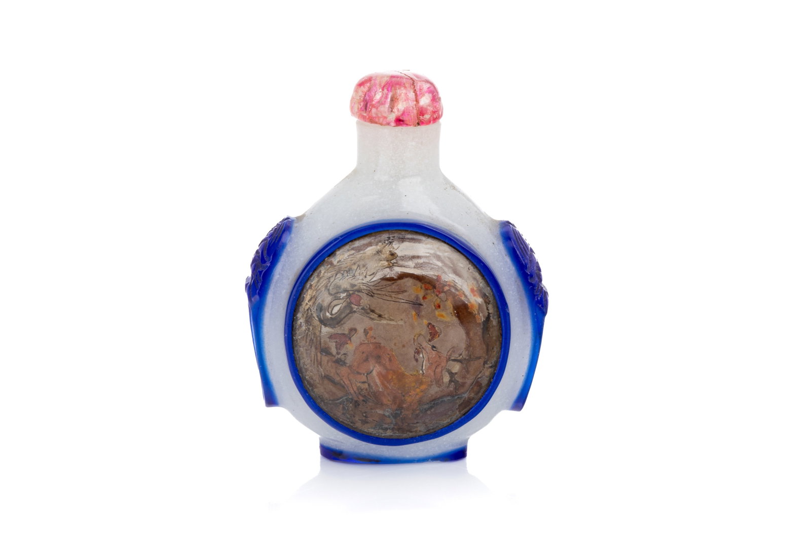 BLUE OVERLAY GLASS DEER AND CRANE SNUFF BOTTLE (1 of 5)