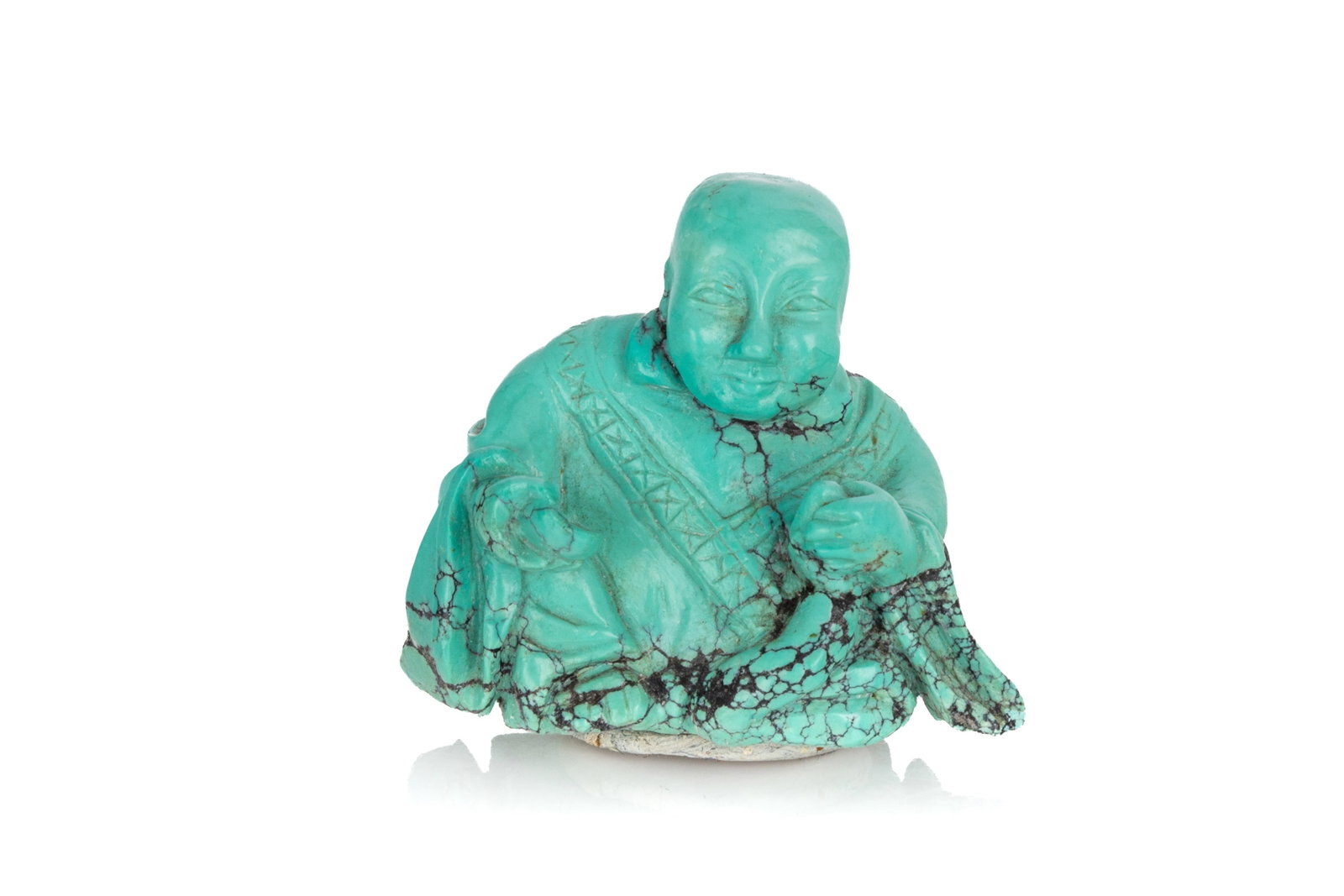 TURQUOISE MATRIX SEATED BUDAI MATREIYA BUDDHA: Depicted as a seated Matreiya / Budai figure in robes, holding an urn and a lotus stem. Late Qing dynasty, 19th century. H. 4 cm