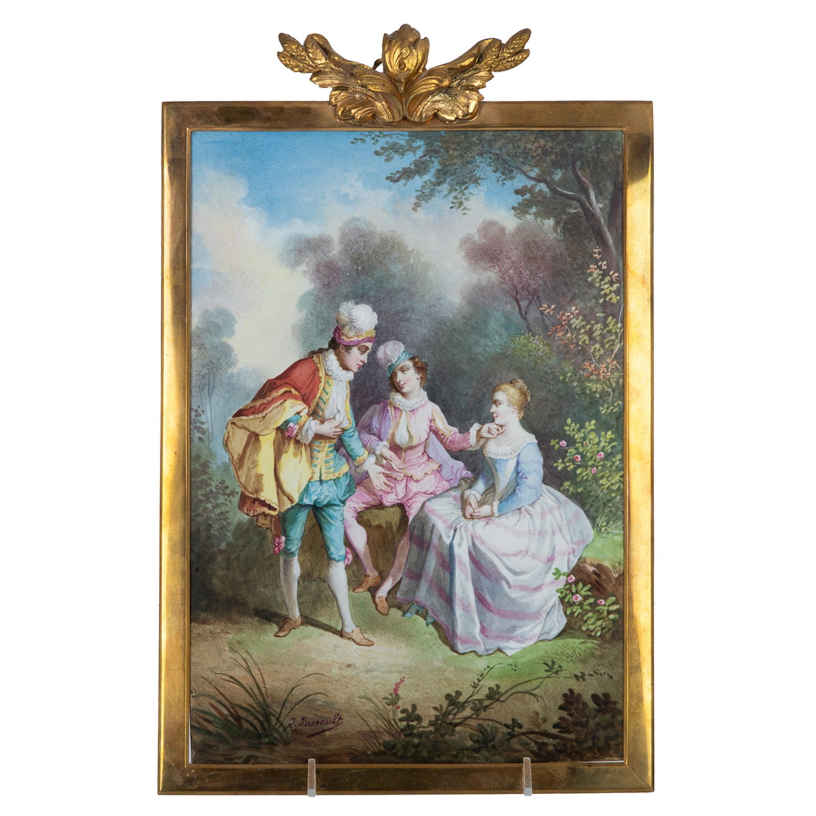 FRENCH HAND-PAINTED PORCELAIN PLAQUE: Hand-painted porcelain plaque, signed "Paseault" of figures in historic dress in the gardens, in a gilt gessoed wood frame with bronze accent. L. 11in x W. 7 3/4in (28cm x 20cm)