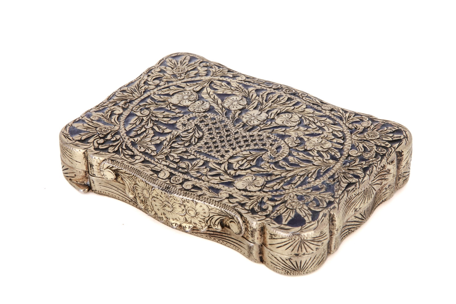 RUSSIAN GILT SILVER COMPACT CASE,125g: A Russian Imperial silver-gilt and glass plique a jour style panel fitted between two reticulated layers vanity or powder compact box marks for Faberg?, workmaster Michael Perchin, St. Petersburg, cir