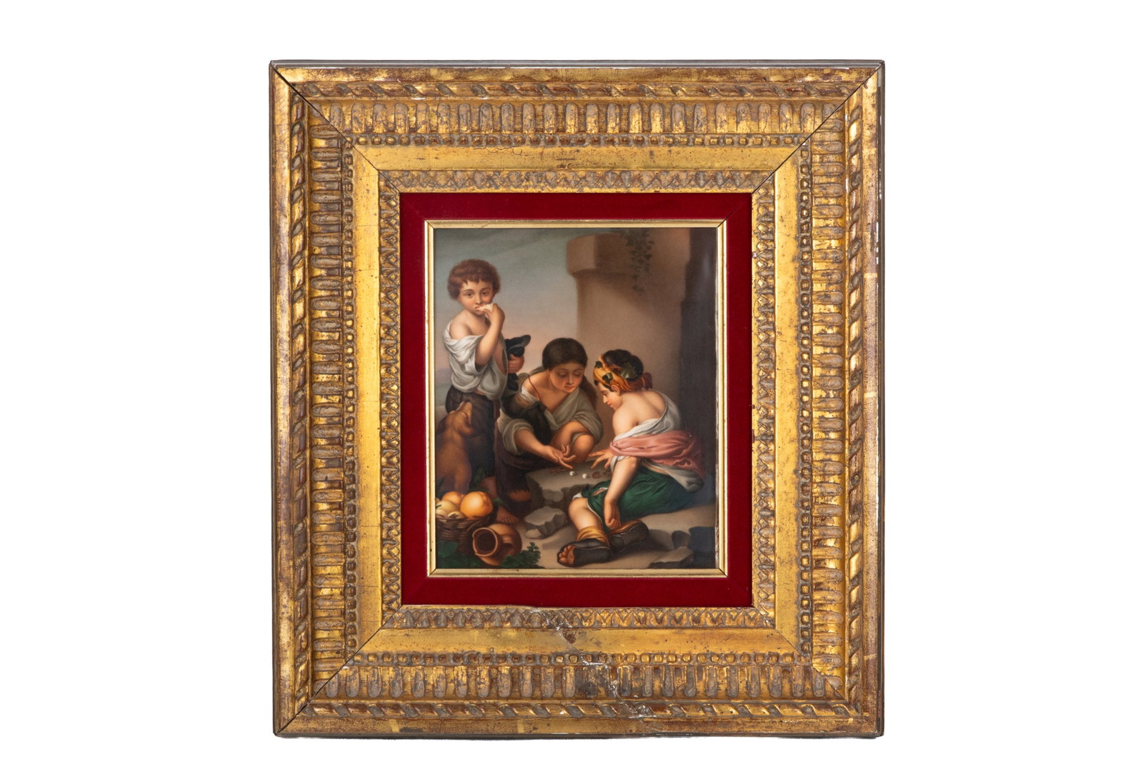 KPM HAND PAINTED PORCELAIN PLAQUE: Konigliche Porzellan-Manufaktur porcelain plaque, featuring a hand-painted scene titled "Children playing dice." After the 17th-century Baroque artist Bartolom? Esteban Murillo, in modern frame. L. 8 