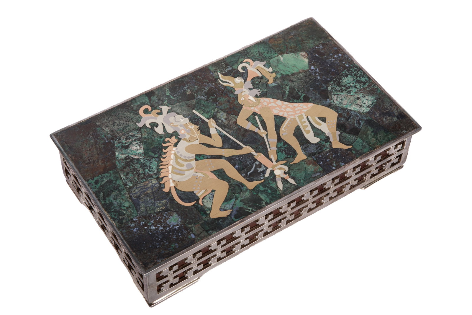 TAXCO MEXICAN MIXED STONE INLAY AND SILVER BOX: A Los Castillo decorative table box, hand-crafted in Taxco, Mexico. This box features an elegant silver-plated brass structure accented with openwork geometric side framing. The lid is beautifully ven