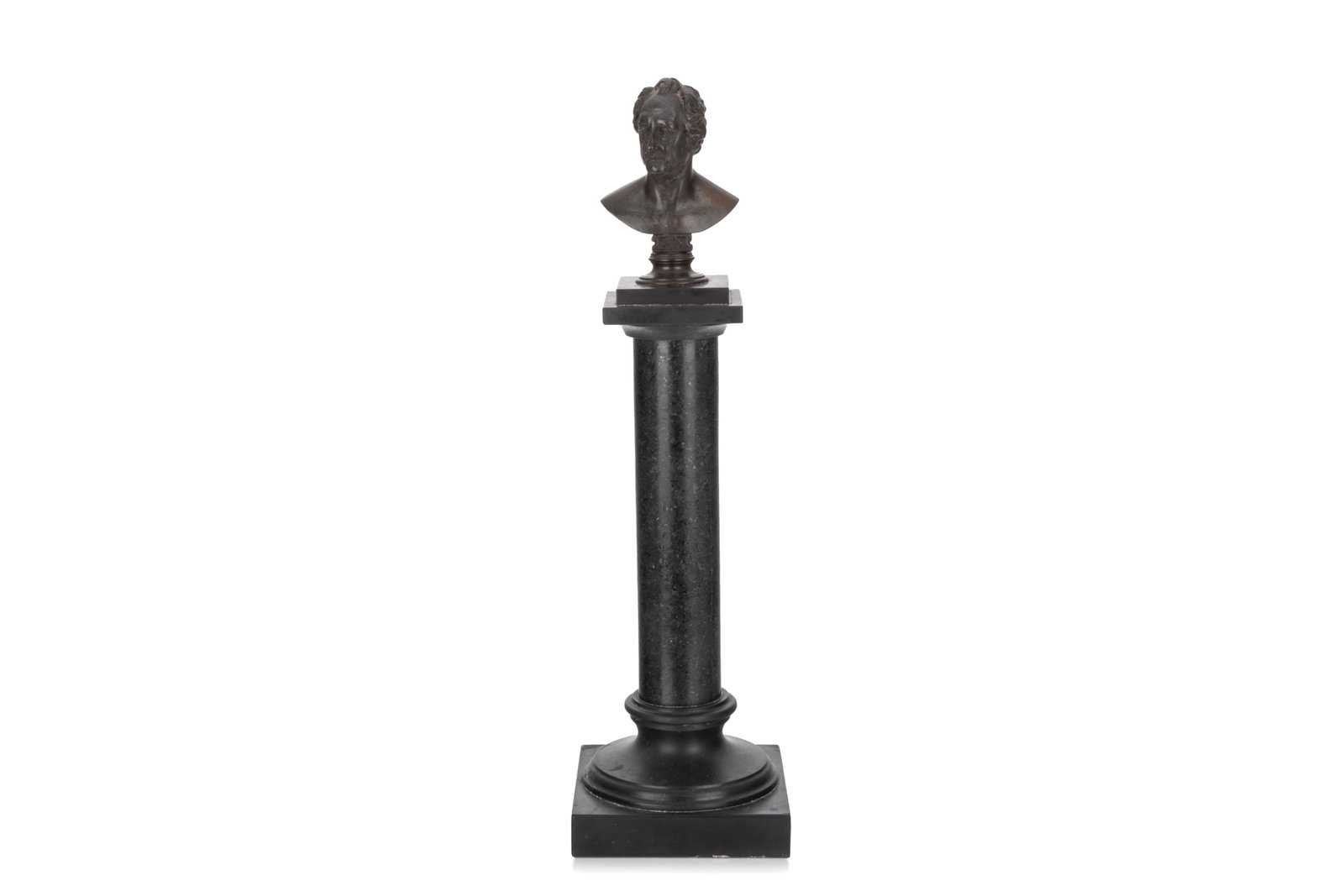 GRAND TOUR BRONZE BUST ON STONE COLUMN: A bronze bust of German poet von Goethe on a Doric column, 19th C. H. 19 1/2in (49.3cm)