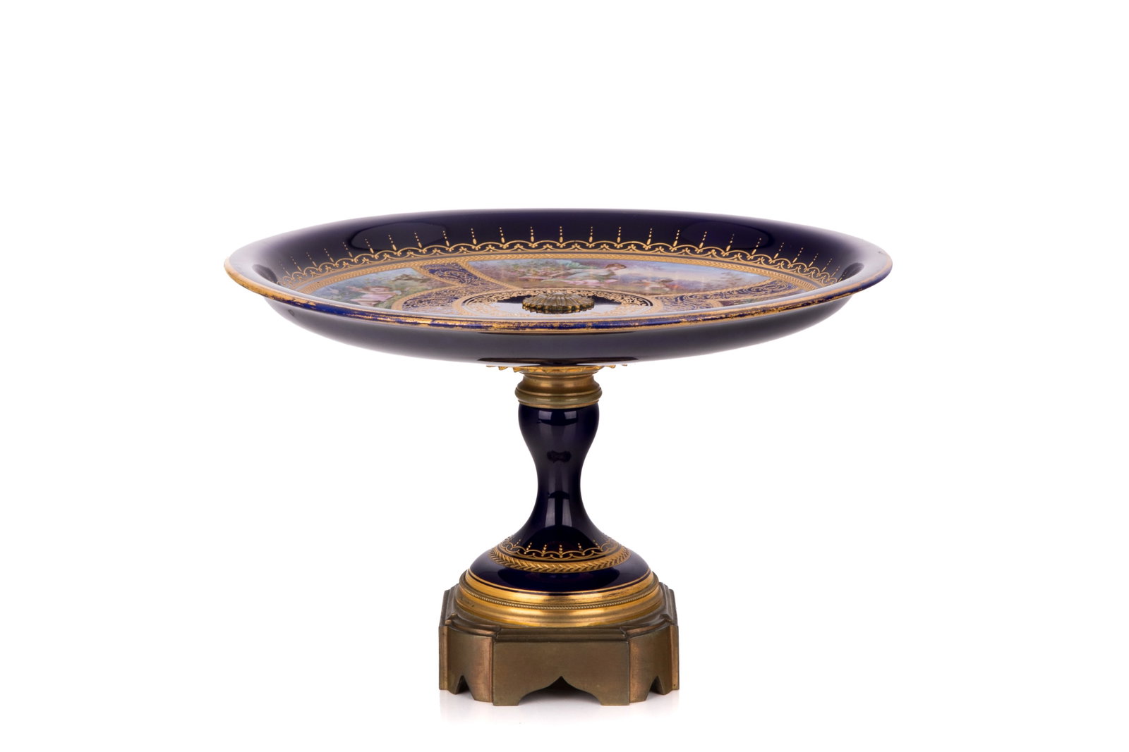 VIENNA PORCELAIN FOOTED TAZZA: Vienna porcelain bowl, featuring a cobalt blue porcelain body, finely hand painted vignettes of maidens and putti, signed and gilt bronze mounts, Austrian, late 19th C. H. 7 1/4in x W. 11 1/4in