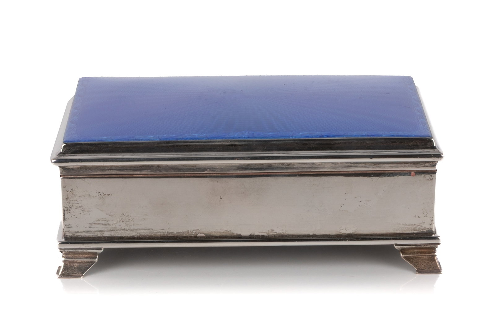 CASED ART DECO GUILLOCHE ENAMEL MANICURE SET: London, early 20th century. Fitted case housing 5 silver and blue enamel implements including a buffer and steel tools. Hallmarked Asprey & Co Ltd, London. Overall weight 1314grams (inclusive of
