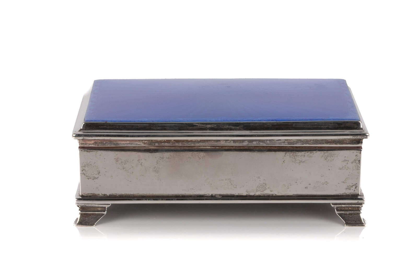 ENGLISH ART DECO GUILLOCHE ENAMEL & SILVER BOX: Early 20 C. Hinged rectangular silver and blue enamel box with wood-lined interior. Hallmarked Asprey & Co Ltd, London. Overall weight 1018grams (inclusive of lining) H. 2 1/2in x L. 7 1/8in (6.5cm x 