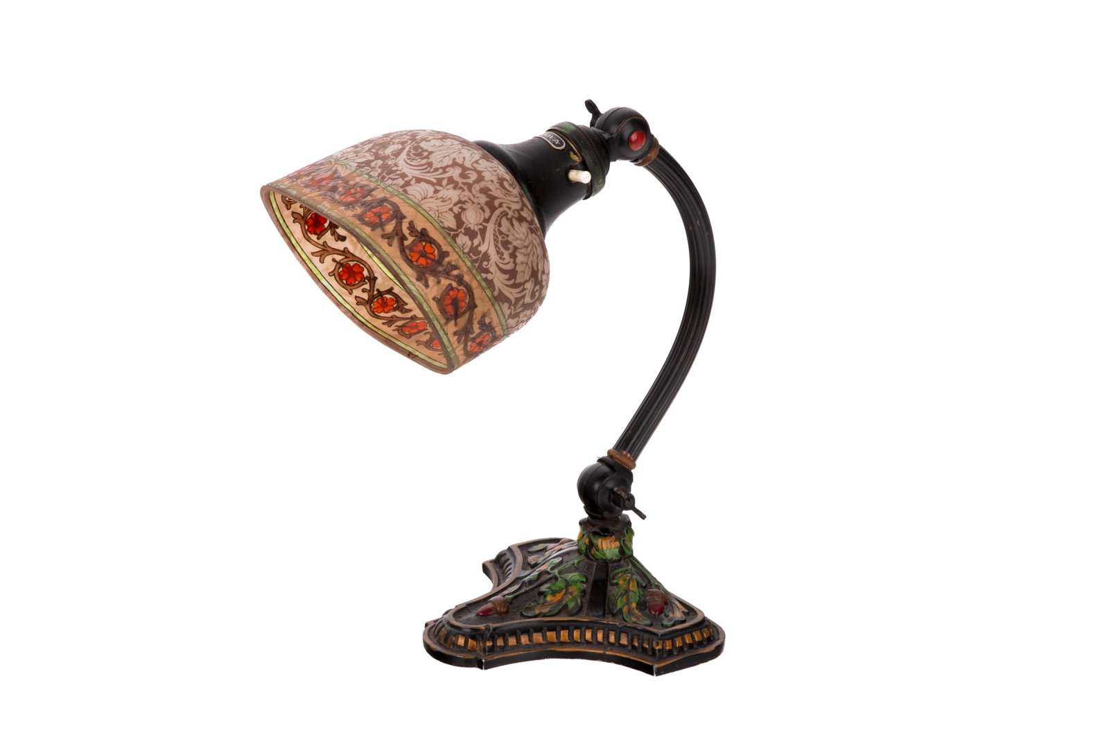 AMERICAN ARTS & CRAFTS BELLOVA ACID-ETCHED LAMP: Bellova acid-etched glass lamp by H.G. McFaddin & Co., New York. The translucent, flattened oval glass body features elegant, floral and foliate motifs in a warm sepia tone, accented along the rim by 