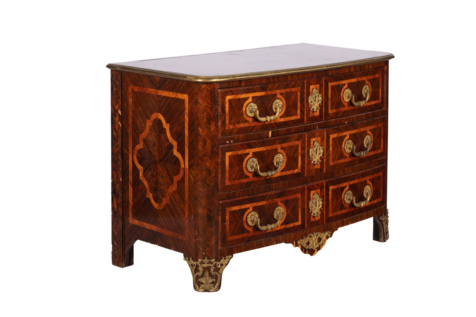 ANTIQUE FRENCH THREE DRAWER COMMODE: Chevron rosewood veneer with satinwood inlay, bronze mounts and brass banding. H 32in x W 46in x D 25in