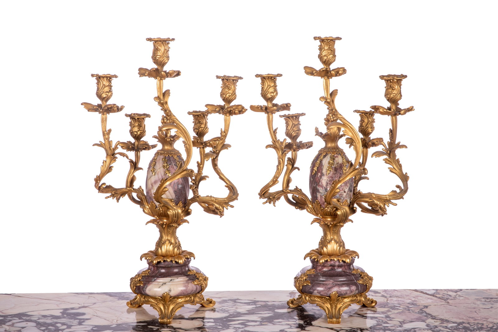 PAIR OF FRENCH ORMOLU & RED MARBLE CANDELABRA: Veined red marble stylized pinecone supports with foliate multi branch gilt bronze candelabra, Napoleon III period, Initial HH on feet, #51705, French, 19th C. H 22 1/2in