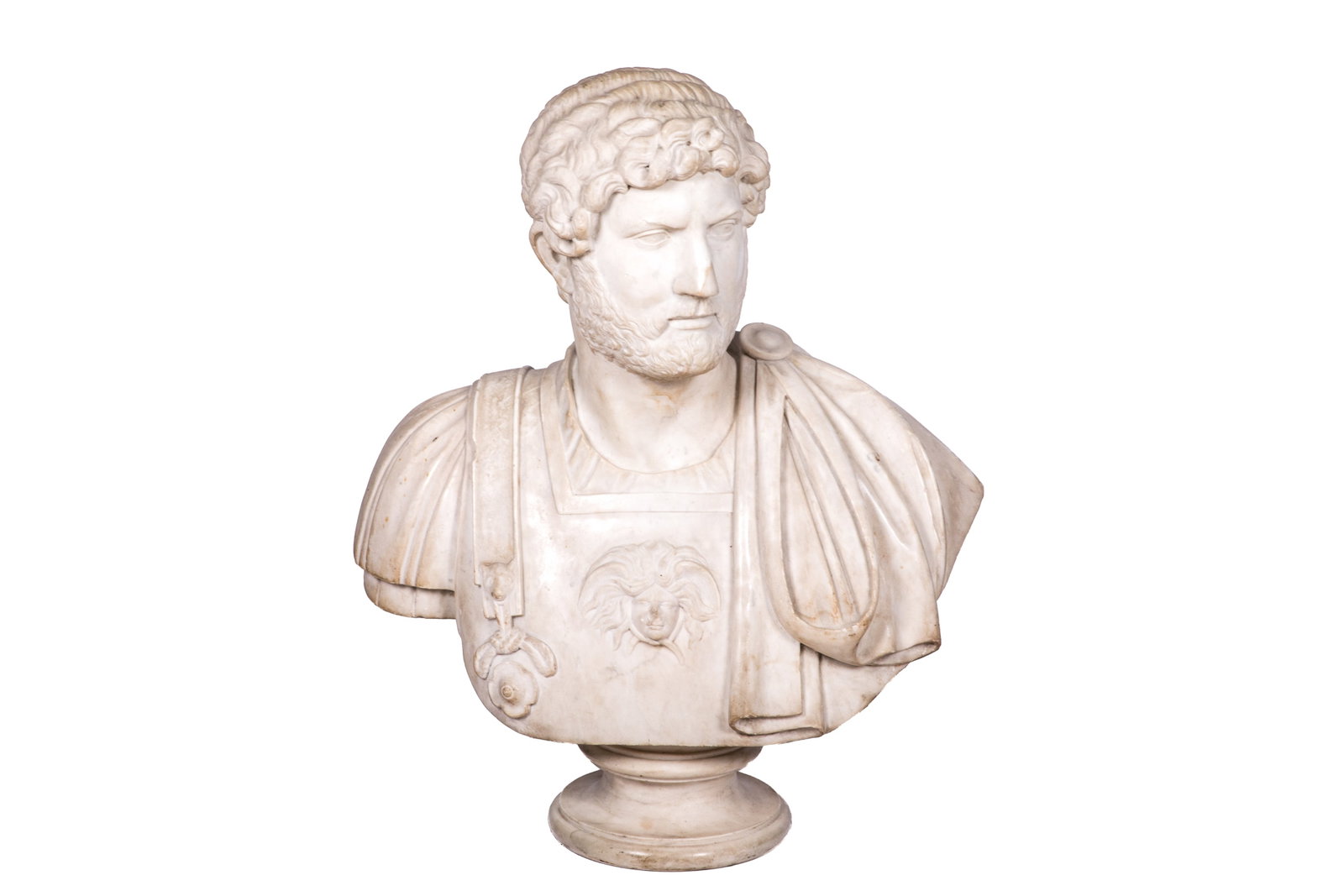 LARGE ANTIQUE MARBLE BUST OF HADRIAN: Or Hadrianus the Roman Emperor (76-138 AD) in white marble, Italian 18th / 19th C. H 35in x W 27in x D 12in