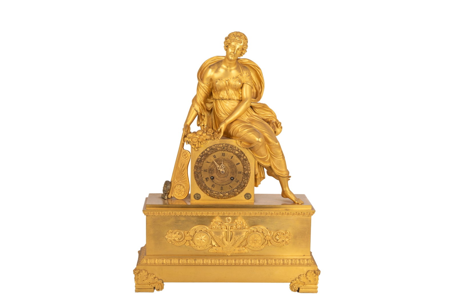 FRENCH EMPIRE FIGURAL GILT BRONZE MANTLE CLOCK: By Picnot Pere a Paris circa 1805-1830, a neoclassical lady with drapery seated atop a bronze clock. H 22in x L 16in