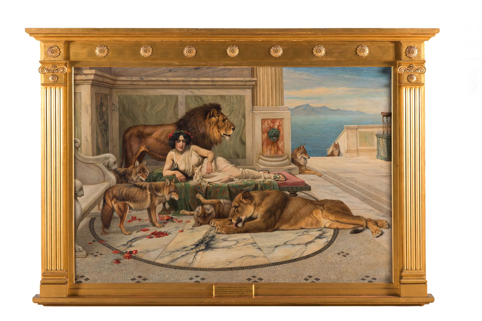 JOHN WRIGHT BARKER (English, 1864-1941): Circe Oil on canvas Signed in on the bench and dated 1904-12 Ornate gold-painted wooden frame H. 46 1/2" x W. 68 1/4" Excerpt from "The Odyssey" Book X painted onto the frame: "The palace in a woody v