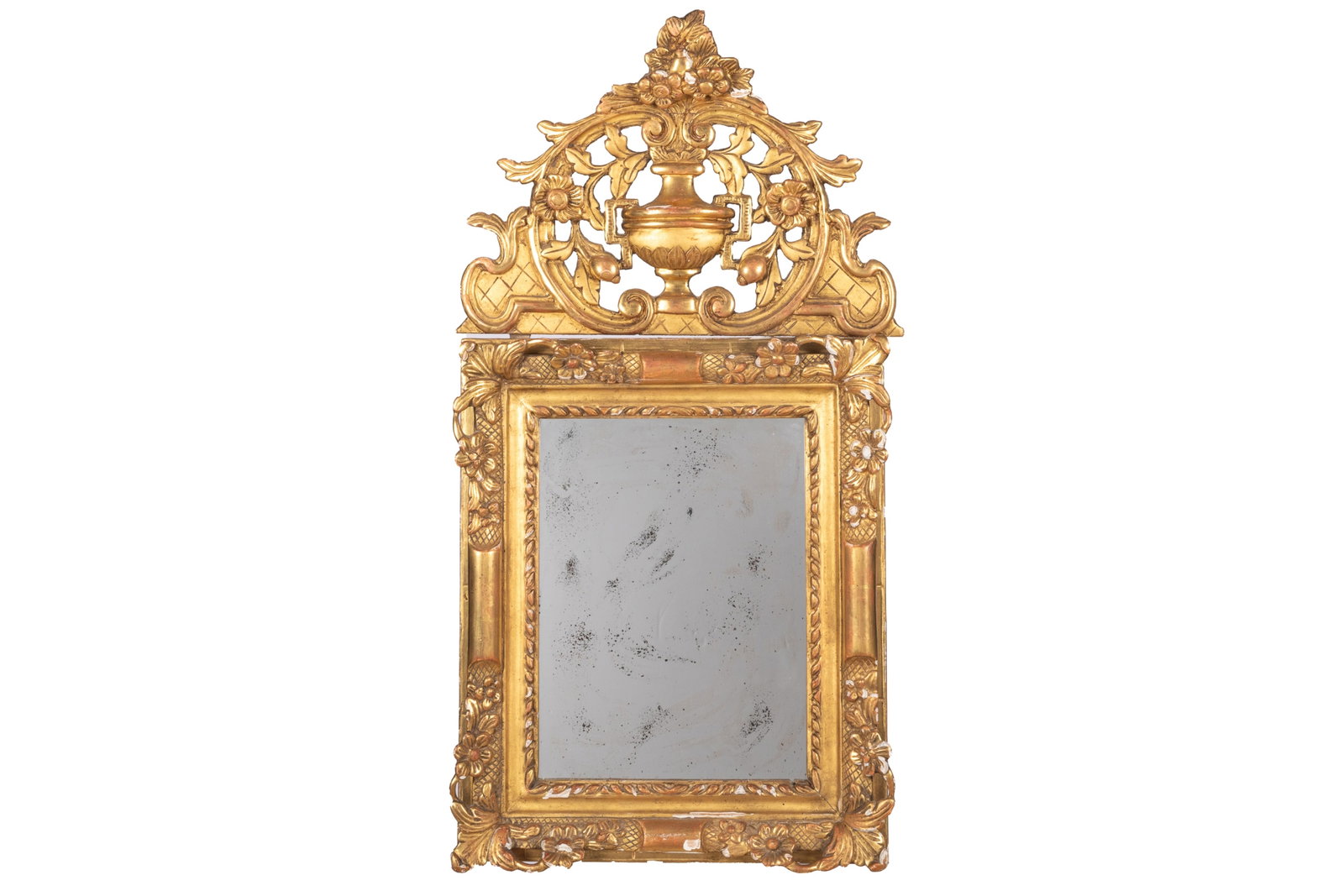 18TH FRENCH REGENCE CARVED GILTWOOD MIRROR: Foliate and floral carved framed mirror with attached neoclassical pediment. Both French, 18th C. H 38in x L 19in