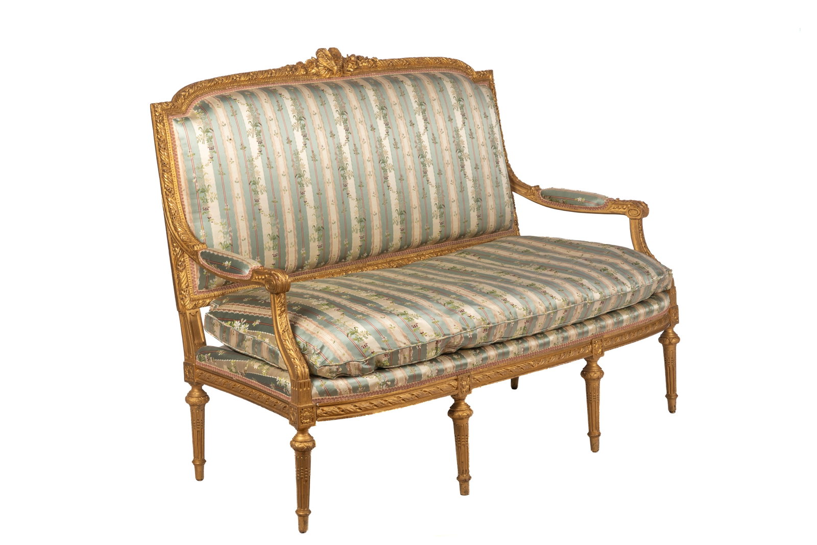 FRENCH LOUIS XVI UPHOLSTRED SETTEE: Carved giltwood frame with antique striped silk upholstery with down filled cushion, French, 19th C. Settee: H 44in x W 54 1/2in x D 24in