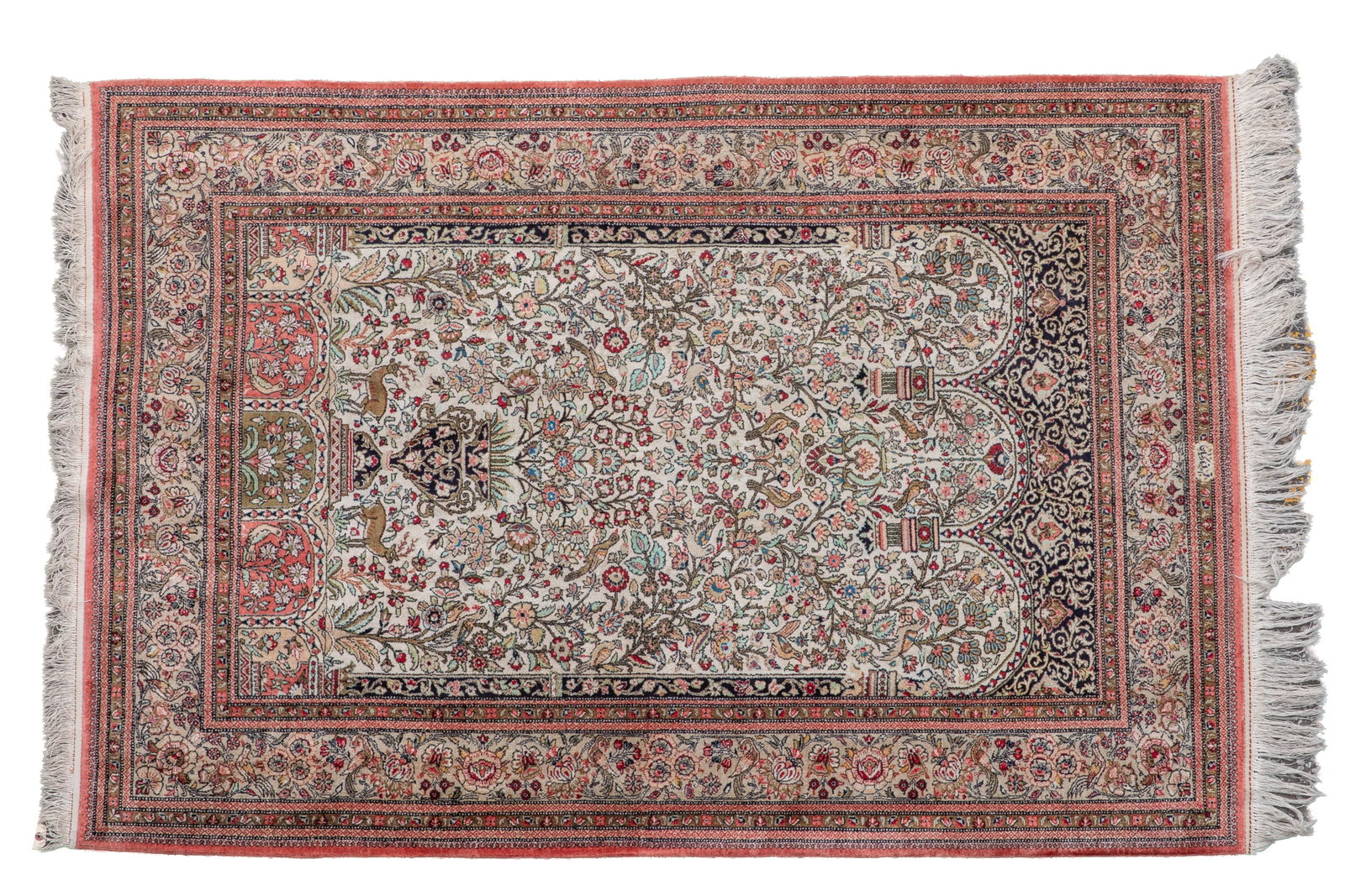 PERSIAN SILK RUG WITH PALE FIELD AND PINK BORDER (1 of 3)