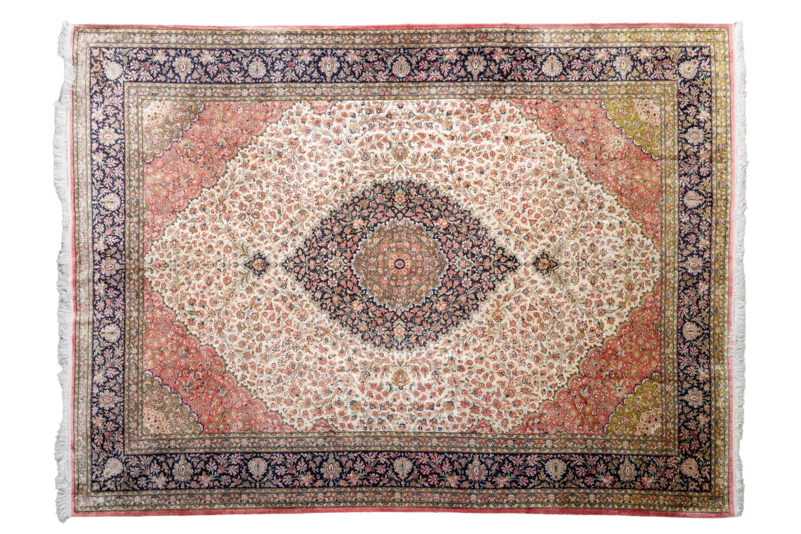 PERSIAN SILK FLORAL GROUND CARPET: Features central medallion 13ft 3in x 9ft 8in