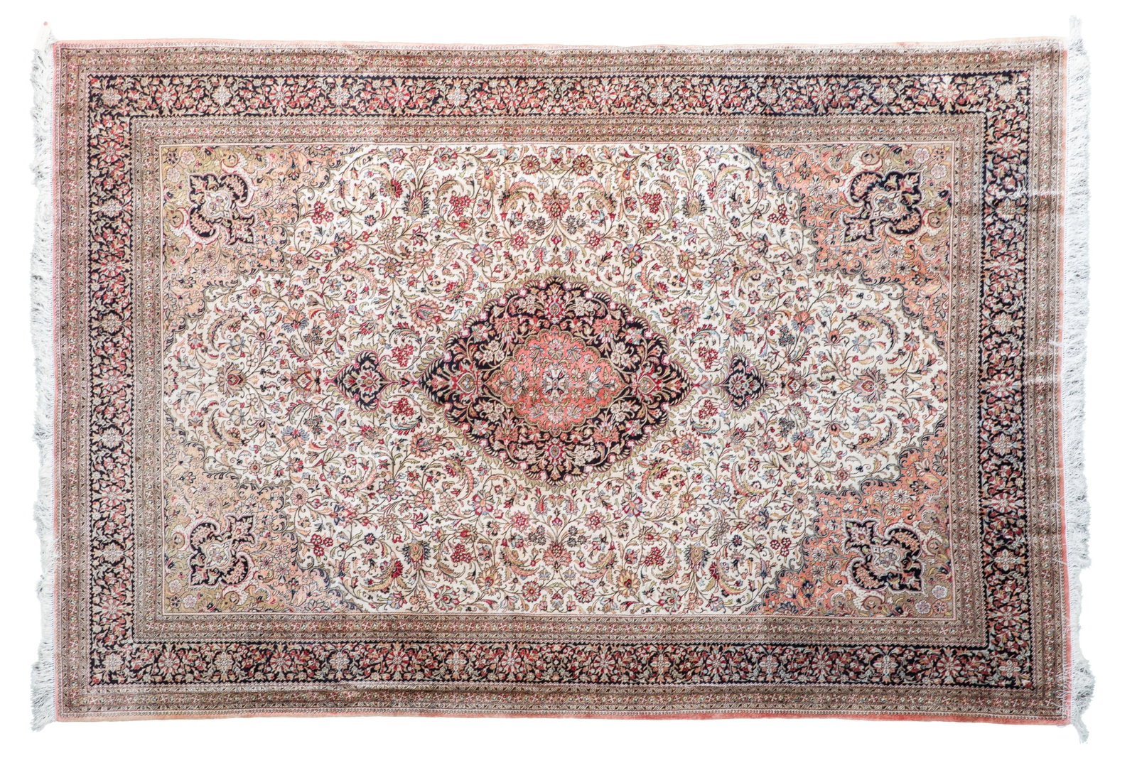 PERSIAN QOM MEDALLION SILK RUG WITH CREAM FIELD (1 of 4)