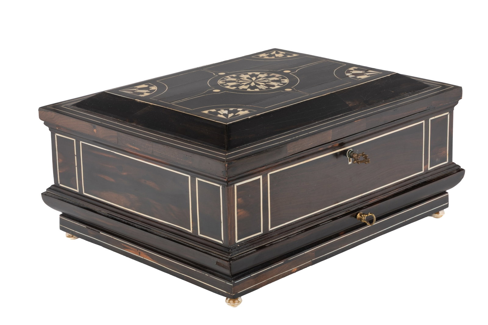 17th C GERMAN EBONY AND INLAID TABLE CABINET: 17th century. A Continental ebony table cabinet with natural carved inlays, the hinged top opening to reveal the interior of the lid finely decorated with engraved plaques depicting the Seven Virtues,
