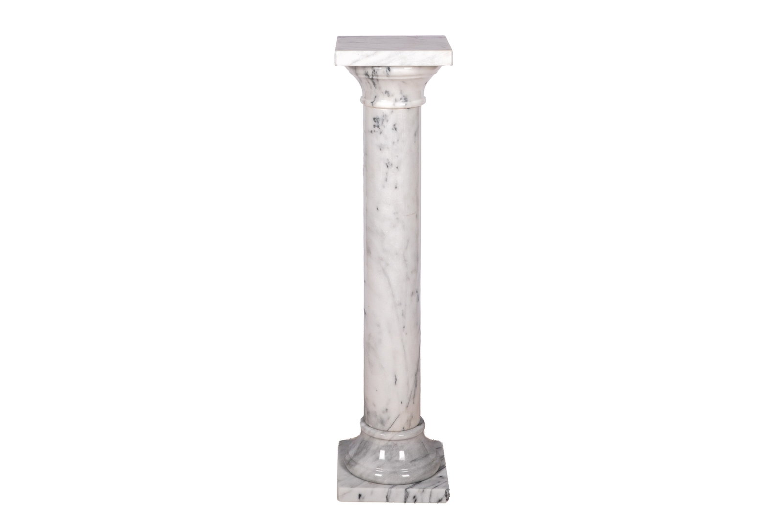 NEOCLASSICAL WHITE MARBLE PEDESTAL COLUMN: Square top capital and base, central cylindrical shaft. H. 34 3/4in x W. 10in (88cm x 25.5cm)
