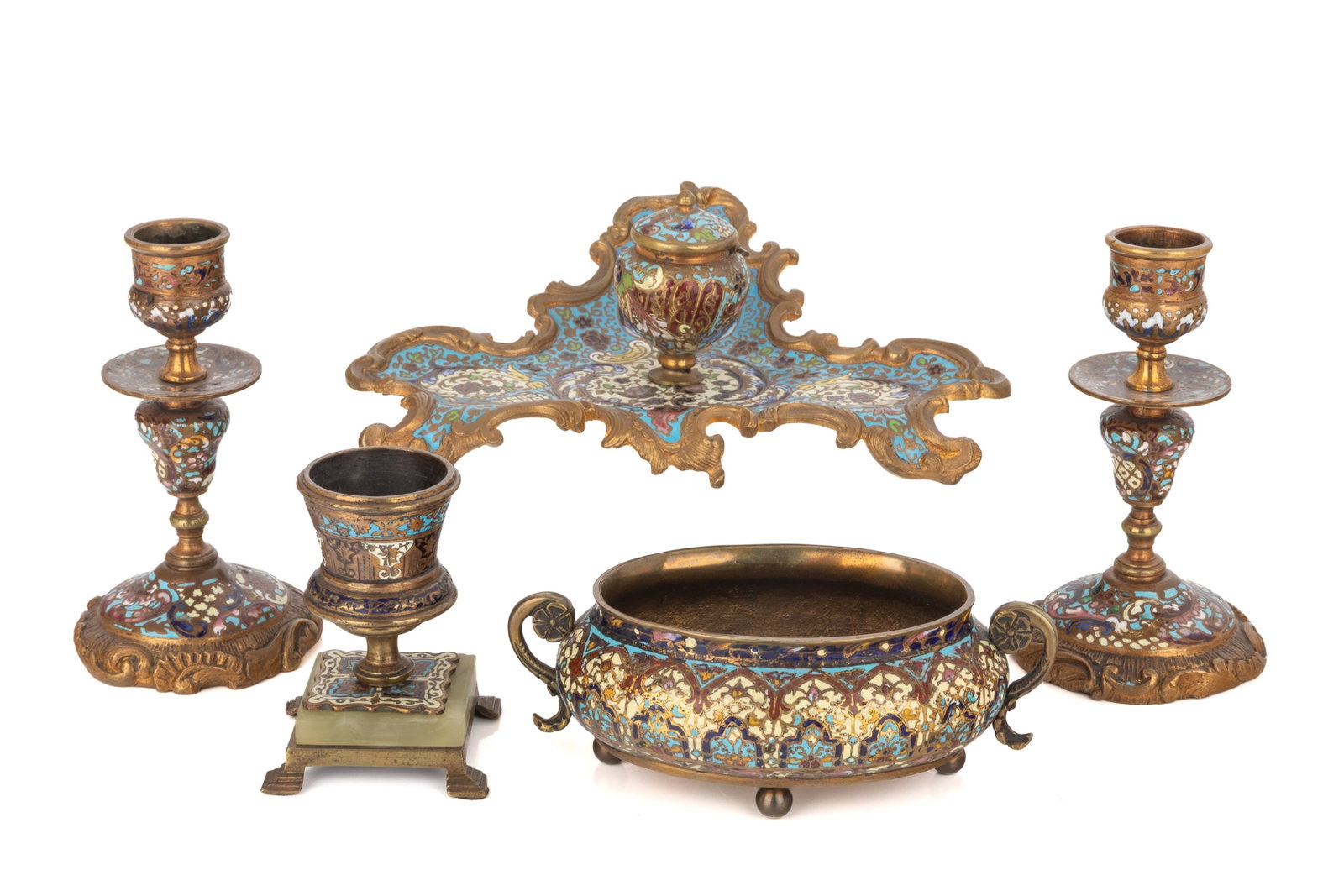 FIVE FRENCH BRONZE & CHAMPLEVE DESK ACCESSORIES (1 of 3)