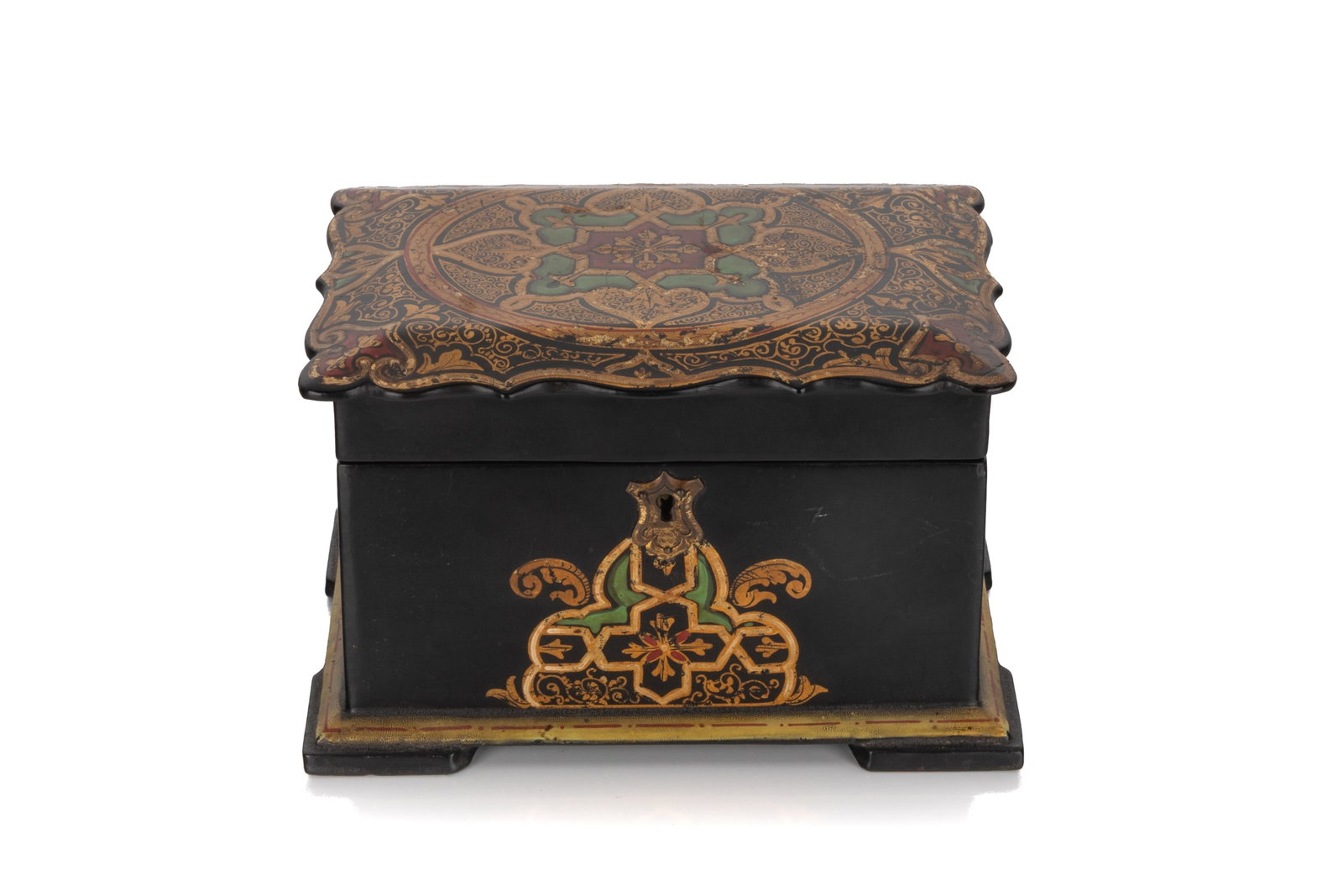 VICTORIAN TEA CADDY C.1890: 19th-century Victorian tea caddy featuring a serpentine hinged lid adorned with hand-painted arabesques and polychrome enamels. The exterior opens to a dual-compartment interior complete with its orig