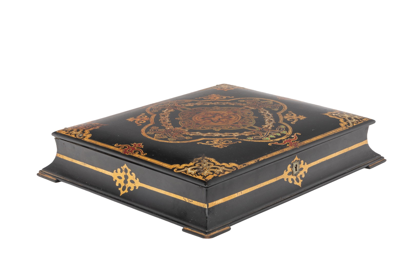 VICTORIAN PAPIER-MACHE TRAVELLING WRITING DESK BOX: Circa 1840-1864. The hinged lid and border finely decorated with gilded scrollwork on a black lacquer ground, opening to a red velvet lined interior. Including 1 cut glass pen tray; 1 silver mounted g