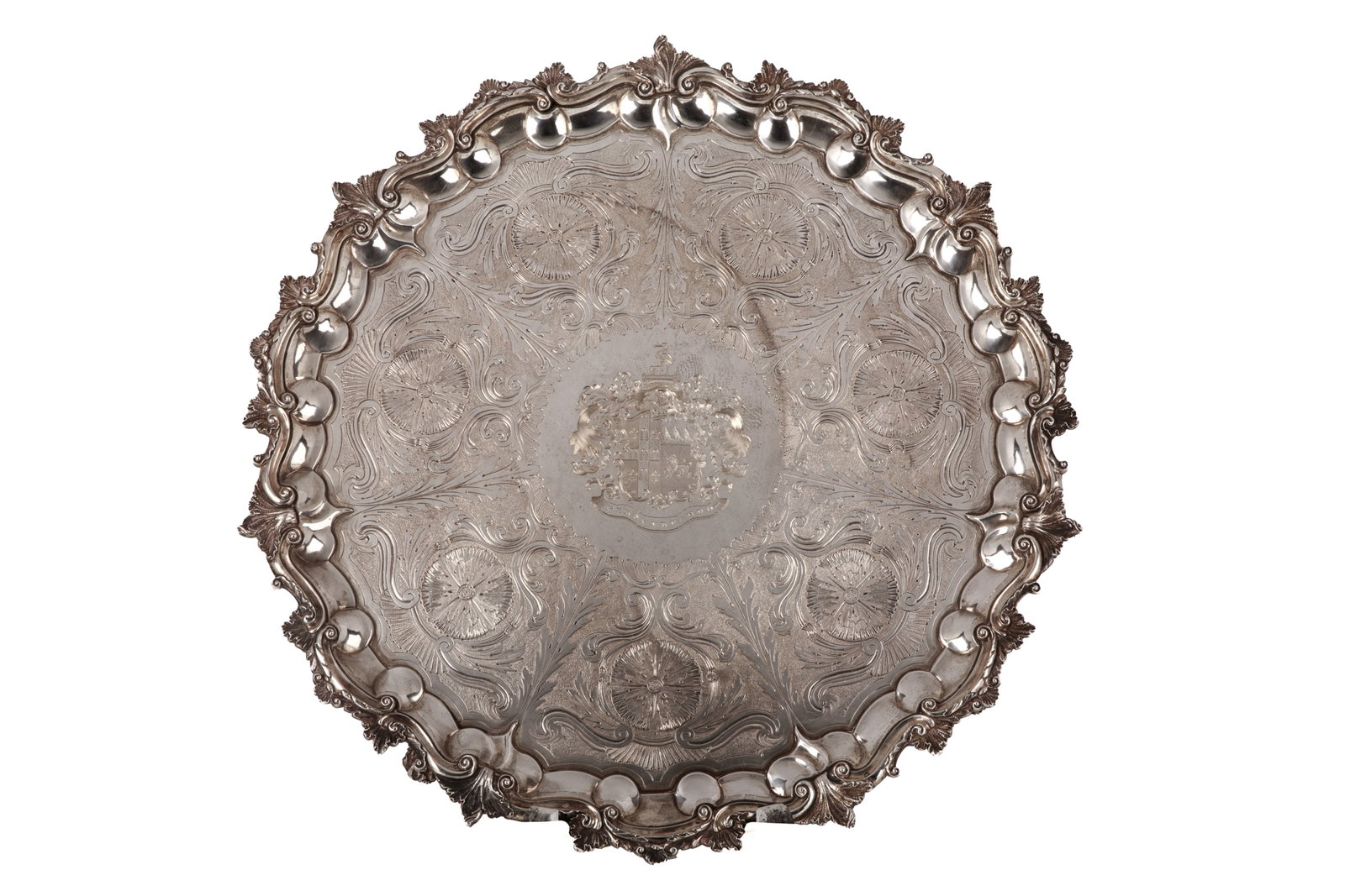 VICTORIAN ENGLISH SILVER FOOTED SALVER TRAY, 4370g: The center finely engraved with an impaled coat of arms, likely associated with the Banks family: the dexter a cross charged with five arches between four fleurs-de-lis, the sinister per fess, three b