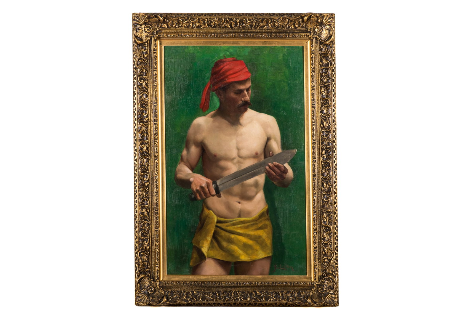 J.C. LEIGHTON (British School, 19th C): Orientalist Nude Man with dagger Oil on canvas Signed bottom right H. 39 1/4" x W. 24 1/4"