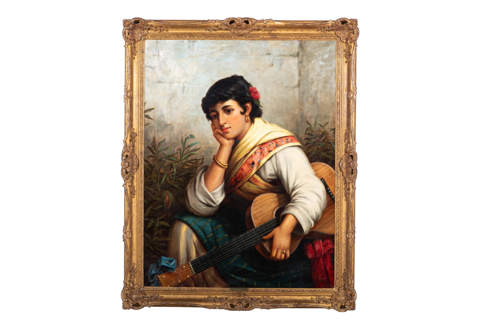 ROBERT KEMM (English, 1837-1895): Young Girl with Guitar Oil on canvas Signed bottom right H. 36 1/2" x W. 28" (92.5cm x 71cm)