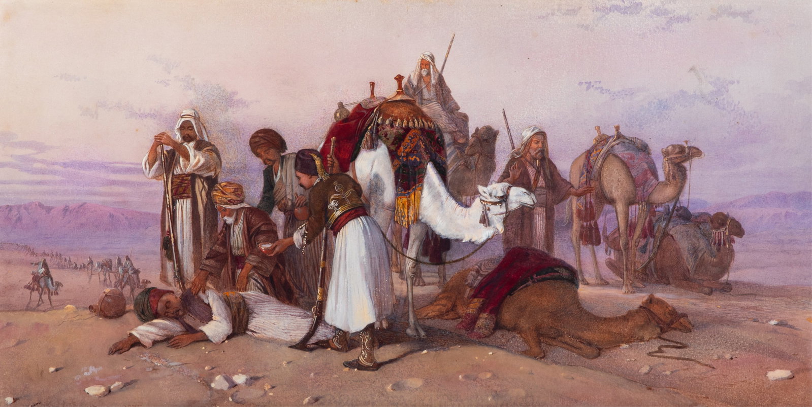 JOSEPH AUSTIN BENWELL (English, 1816-1886): Bedouins in the Desert (1875) Watercolour Signed and dated bottom left Sight measurements: H. 13 3/4" x W. 27 13/4" (35.5cm x 70cm)
