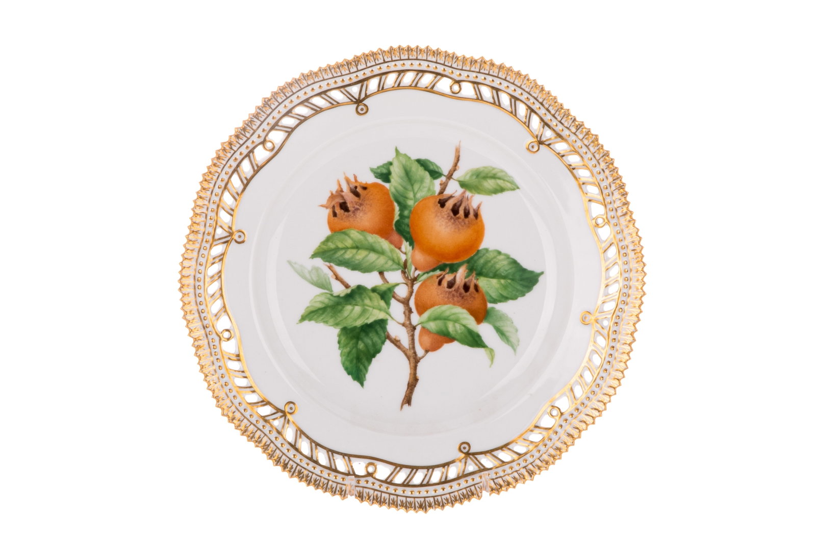 ROYAL COPENHAGEN FLORA DANICA PORCELAIN PLATE: The central reserve is hand-painted with a orange fruit branch. Gilded pierced border. Marked Royal Copenhagen Demark, 429 / 3554. Dia. 9in (23cm)