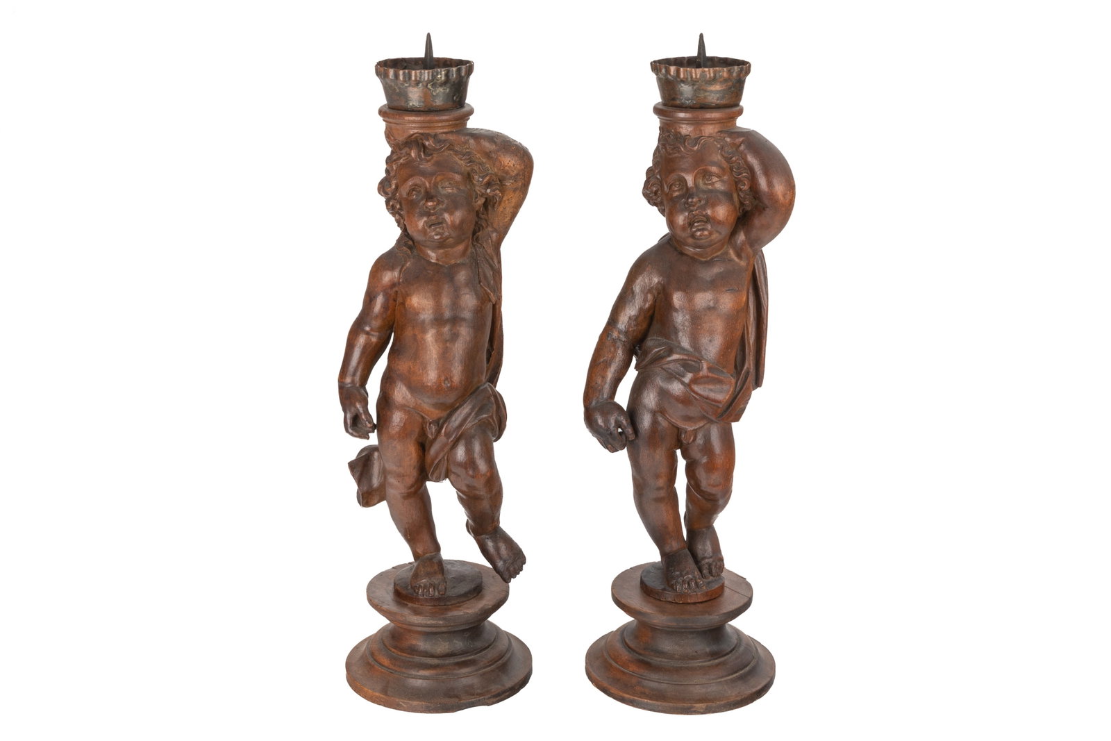 PAIR OF WOOD FIGURAL CHERUB CANDLE PRICKETS (1 of 3)
