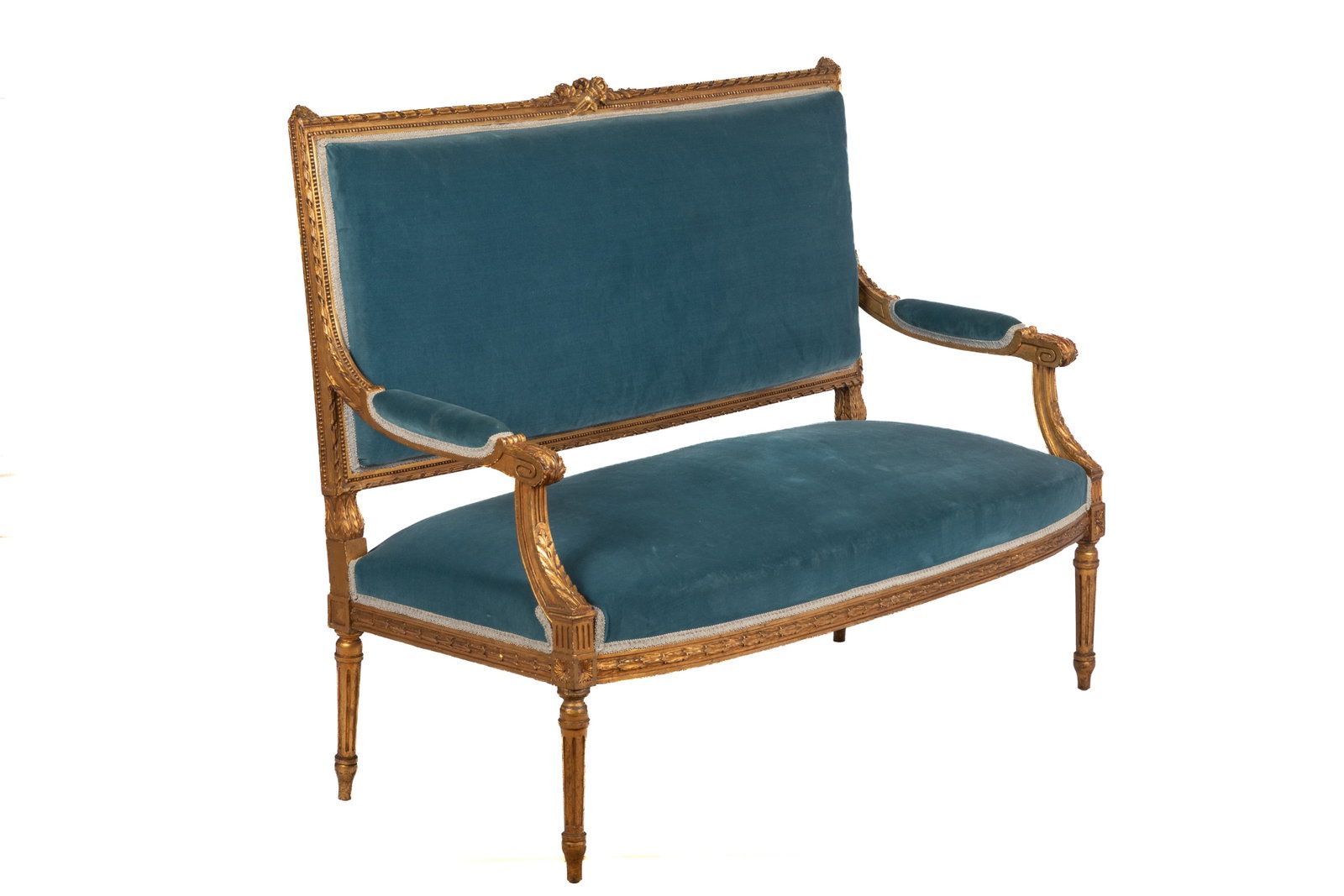 FRENCH LOUIS XVI SETTE: Carved giltwood frame with teal velvet upholstery, French, late 19th C. H 43in x W 51in x D 25in