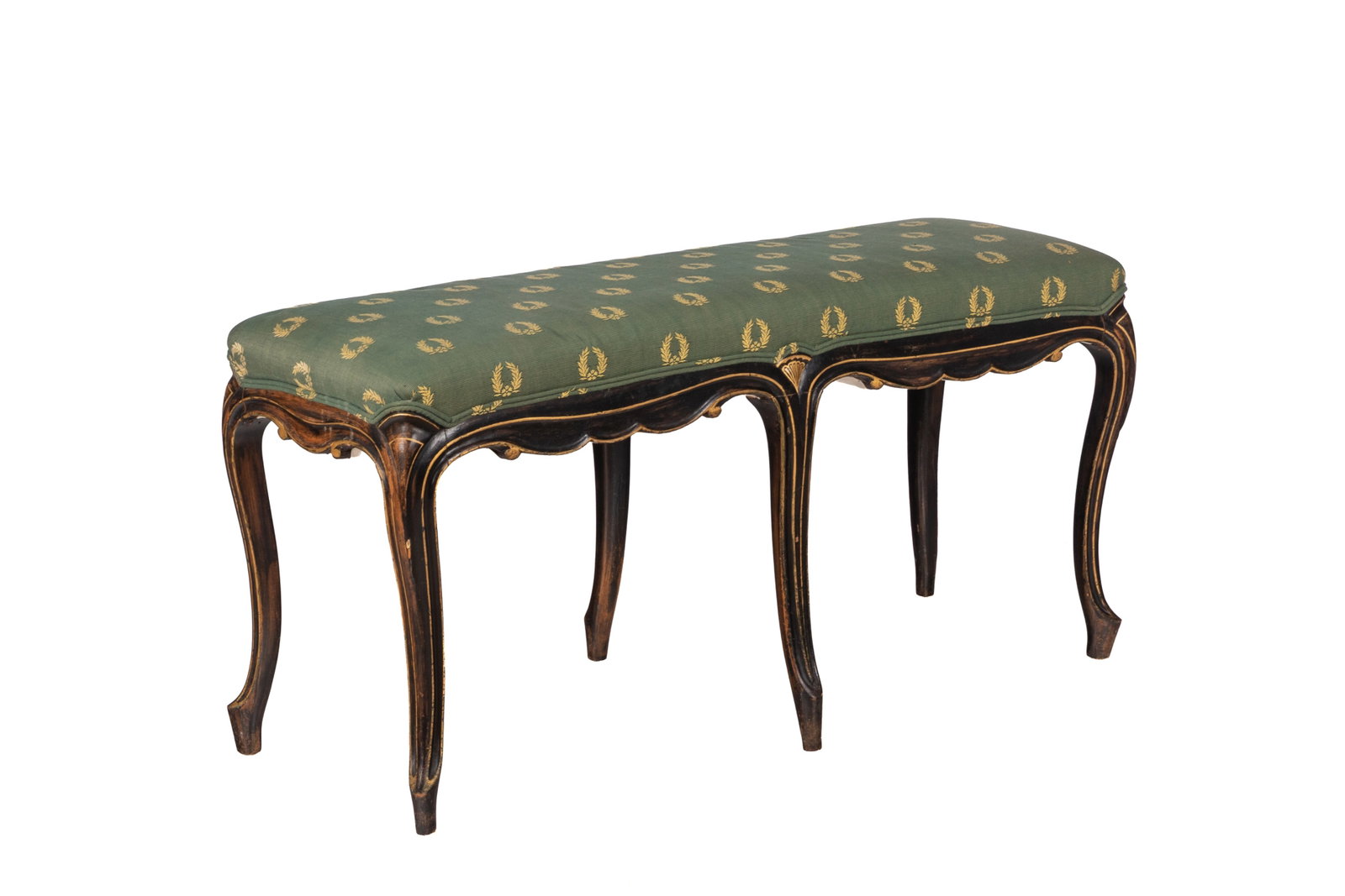 EBONIZED FRENCH PROVINCIAL LONG BENCH: With green upholstery, 20th C. H 21in x W 44in x D 16in